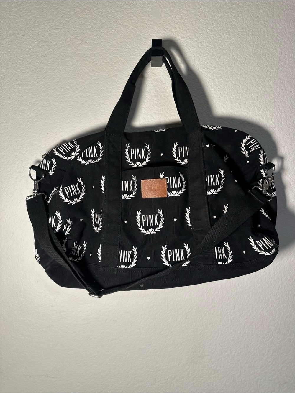 PINK Victoria's Secret Black Canvas Duffel with White Logo Print